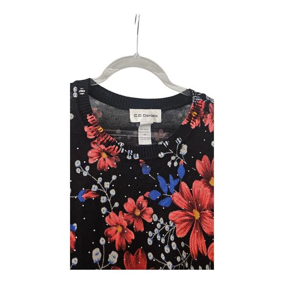 C.D. Daniels Womens 3X Sweater Flack Red Floral 3/4 Sleeves Rhinestones - Picture 3 of 6